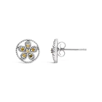 Silver Yellow Diamond Accent Star and Wheel Milgrain Style Stud Earrings