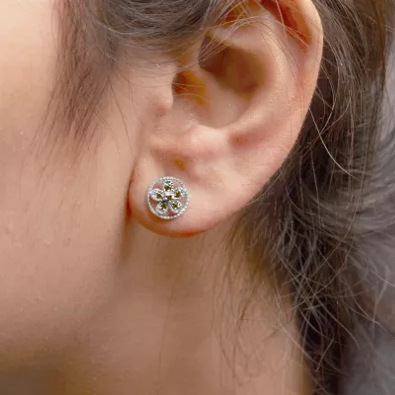 Silver Yellow Diamond Accent Star and Wheel Milgrain Style Stud Earrings