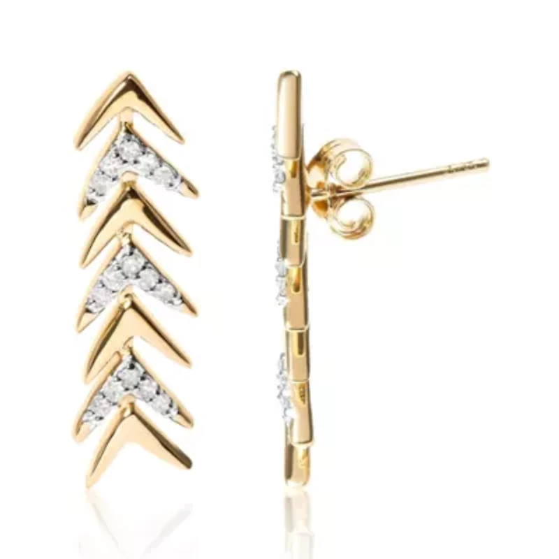 18K Yellow Gold Plated Silver 1/5 Ct Diamond Chevron Arrow Stud Earring