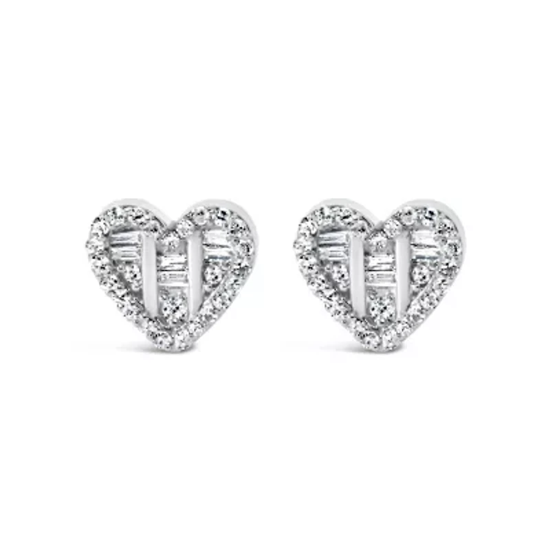 Silver 1/2 Ct Round and Baguette Diamond Composite Heart Shaped Stud Earring