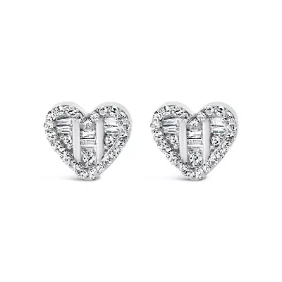 Silver 1/2 Ct Round and Baguette Diamond Composite Heart Shaped Stud Earring