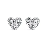 Silver 1/2 Ct Round and Baguette Diamond Composite Heart Shaped Stud Earring