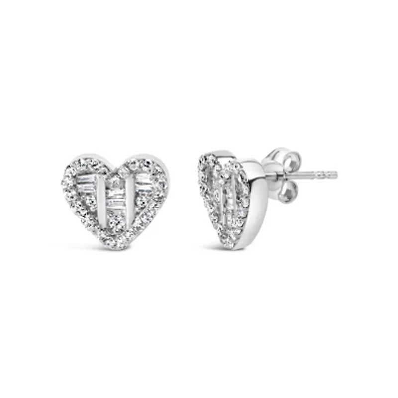 Silver 1/2 Ct Round and Baguette Diamond Composite Heart Shaped Stud Earring