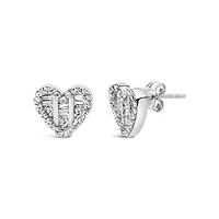 Silver 1/2 Ct Round and Baguette Diamond Composite Heart Shaped Stud Earring