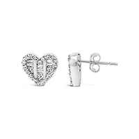 Silver 1/2 Ct Round and Baguette Diamond Composite Heart Shaped Stud Earring