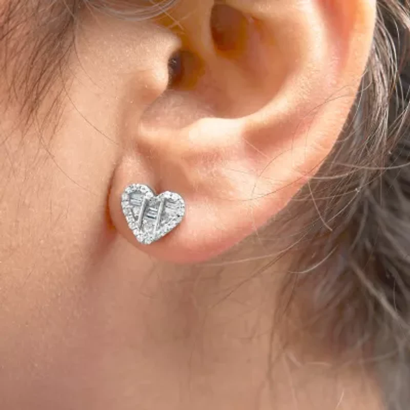 Silver 1/2 Ct Round and Baguette Diamond Composite Heart Shaped Stud Earring