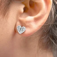 Silver 1/2 Ct Round and Baguette Diamond Composite Heart Shaped Stud Earring