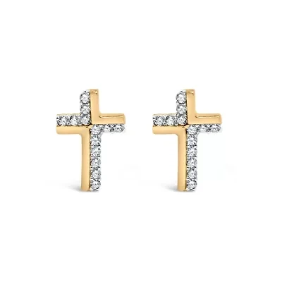 14K Yellow Gold Plated Silver 1/10 Ct Diamond Cross Stud Earring