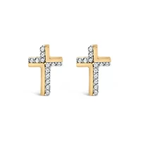 14K Yellow Gold Plated Silver 1/10 Ct Diamond Cross Stud Earring