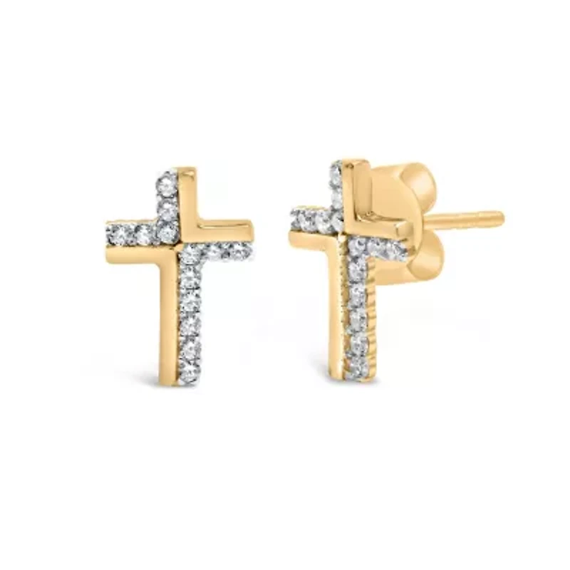 14K Yellow Gold Plated Silver 1/10 Ct Diamond Cross Stud Earring