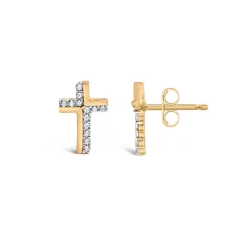 14K Yellow Gold Plated Silver 1/10 Ct Diamond Cross Stud Earring