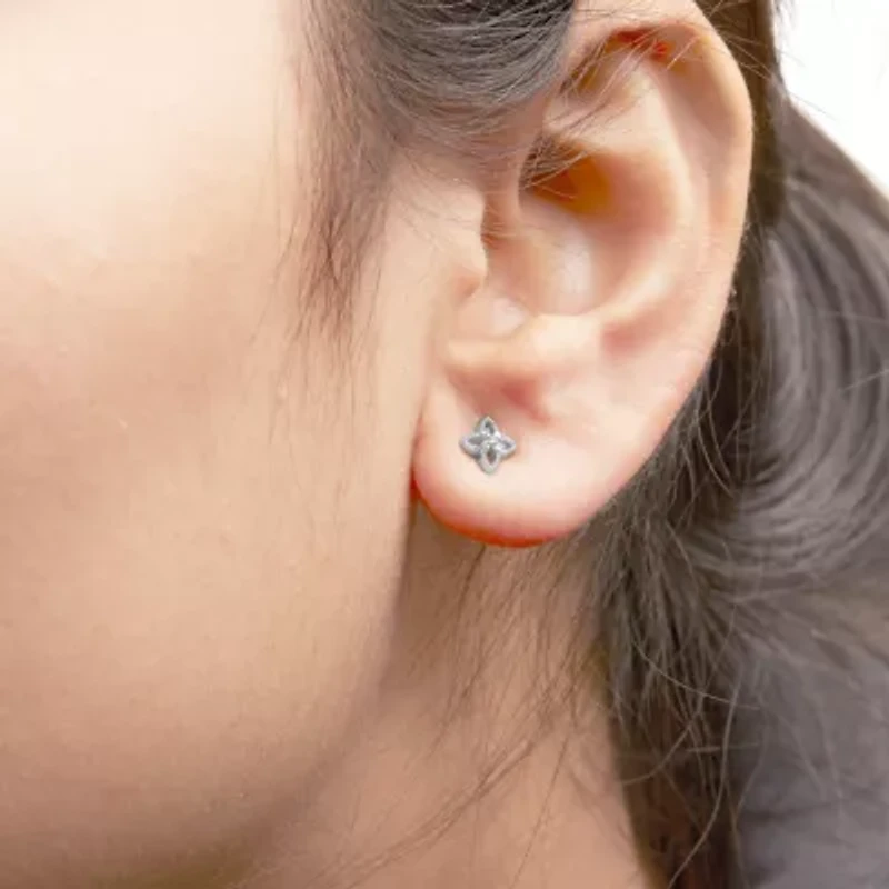 Silver Diamond Accent 4 Petal Flower Stud Earring