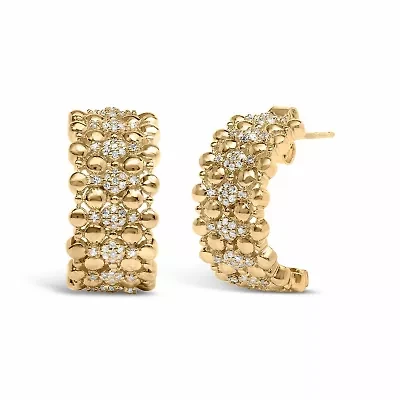 14K Yellow Gold Plated Sterling Silver 1/3 Cttw Diamond and Ball Bead J Hoop Earrings