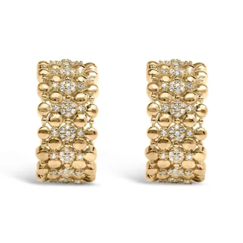 14K Yellow Gold Plated Sterling Silver 1/3 Cttw Diamond and Ball Bead J Hoop Earrings