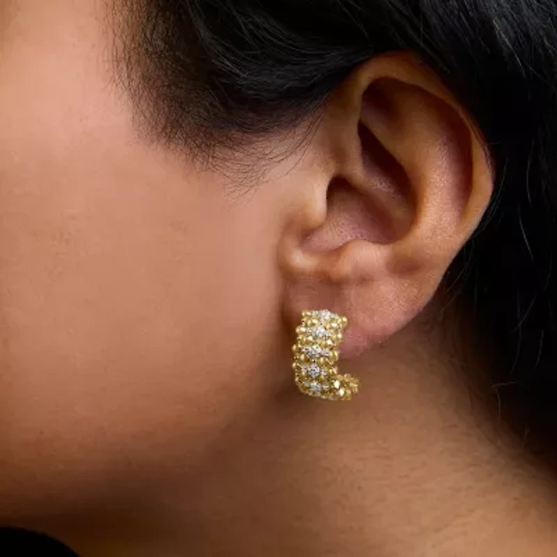 14K Yellow Gold Plated Sterling Silver 1/3 Cttw Diamond and Ball Bead J Hoop Earrings