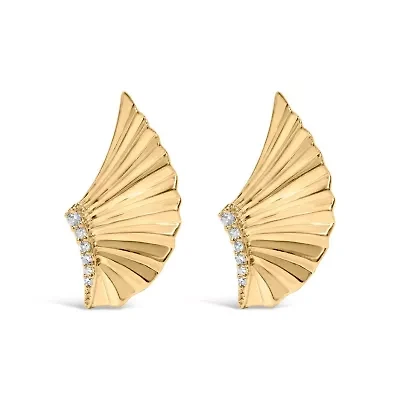14K Yellow Gold Plated Sterling Silver Diamond Accent Fan Wing Stud Earrings