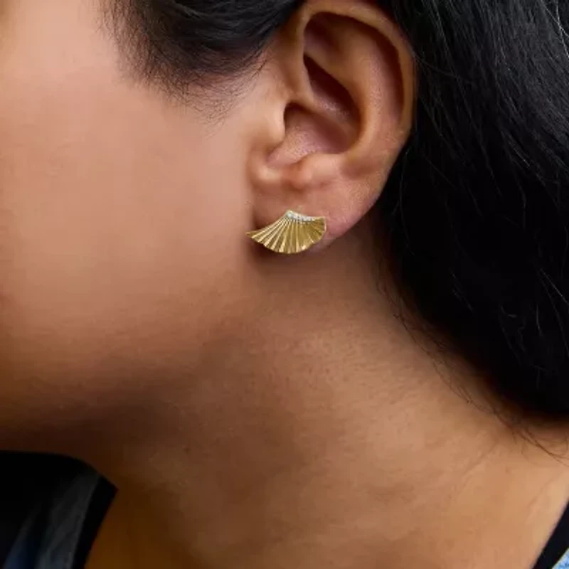 14K Yellow Gold Plated Sterling Silver Diamond Accent Fan Wing Stud Earrings