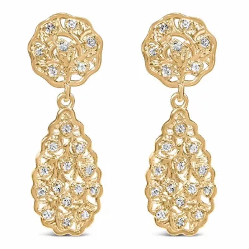 14K Yellow Gold PlatedSterling Silver 1/5 Cttw Diamond Teardrop Filigree Earrings