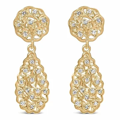 14K Yellow Gold PlatedSterling Silver 1/5 Cttw Diamond Teardrop Filigree Earrings
