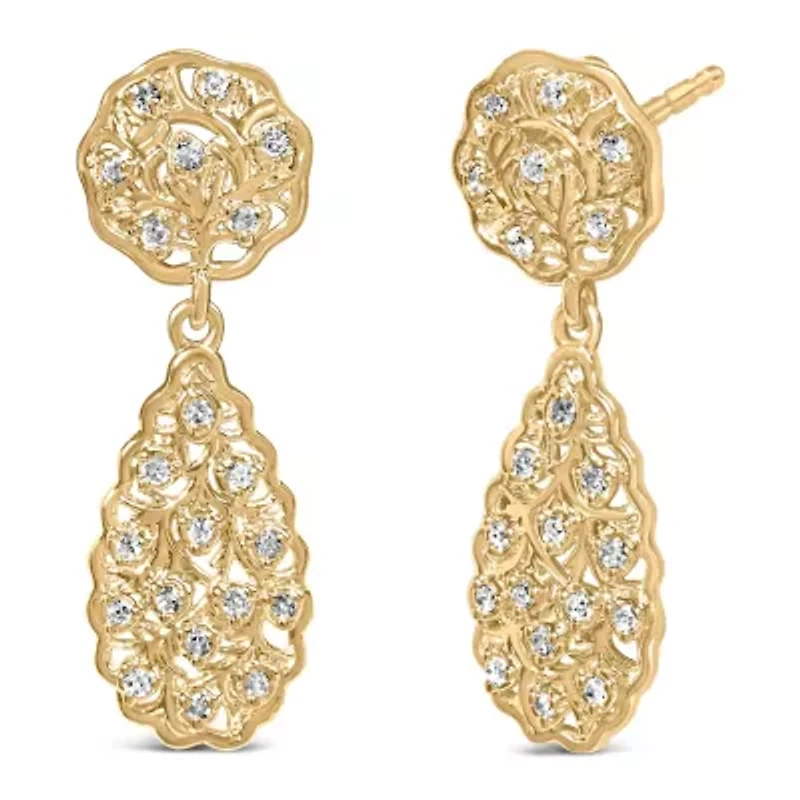 14K Yellow Gold PlatedSterling Silver 1/5 Cttw Diamond Teardrop Filigree Earrings