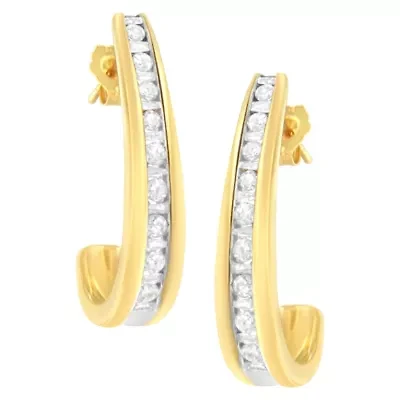 10K Yellow Gold 1 Ct Channel Diamond J-Hoop Earrings