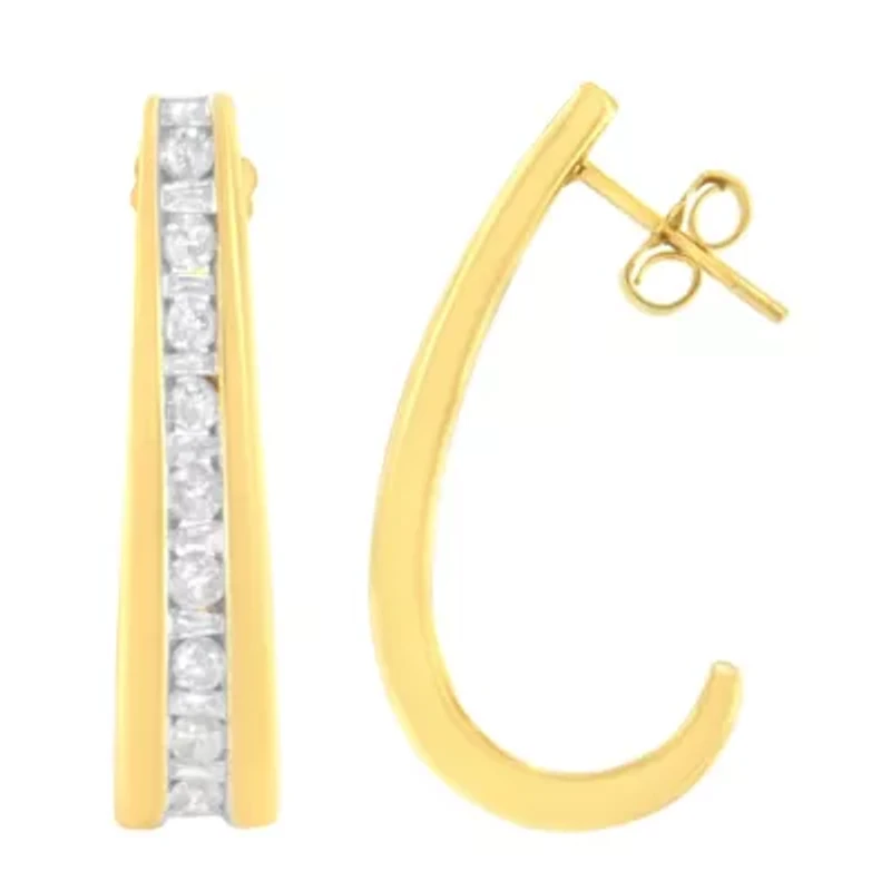 10K Yellow Gold 1 Ct Channel Diamond J-Hoop Earrings