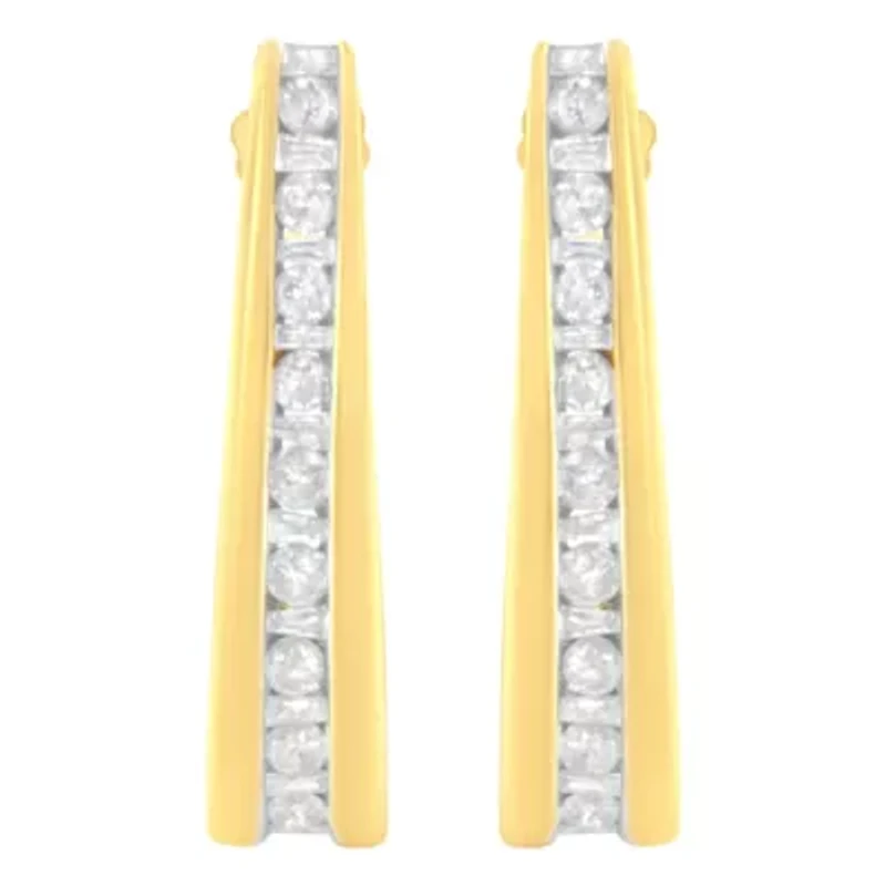 10K Yellow Gold 1 Ct Channel Diamond J-Hoop Earrings