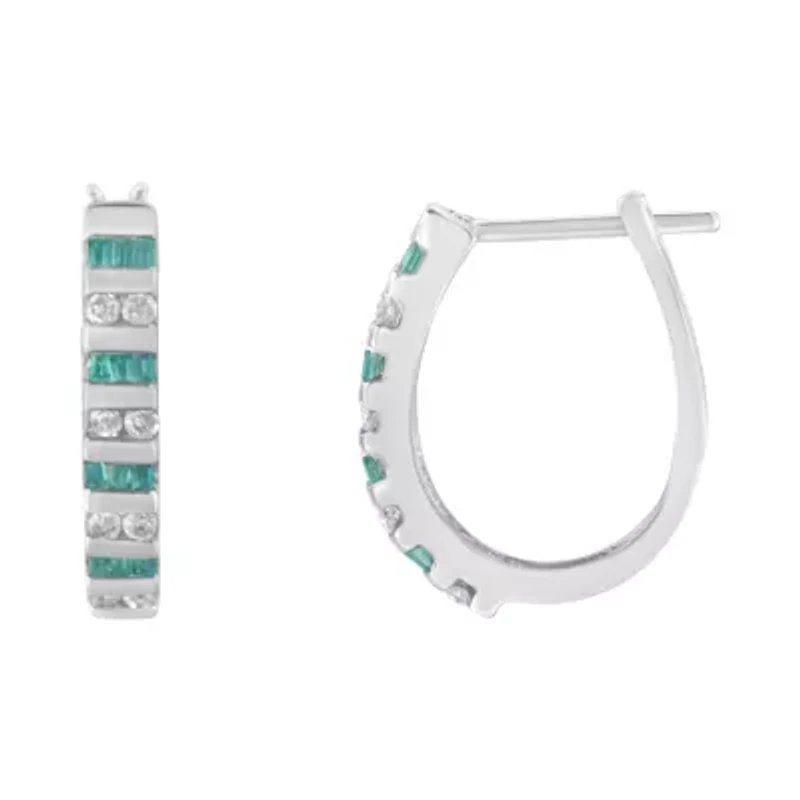 10k White Gold Round and Blue Baguette 1/2 Ct Diamond Hoop Earrings