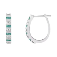 10k White Gold Round and Blue Baguette 1/2 Ct Diamond Hoop Earrings