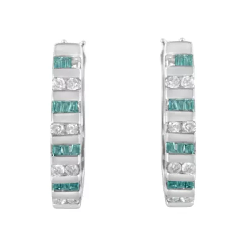 10k White Gold Round and Blue Baguette 1/2 Ct Diamond Hoop Earrings