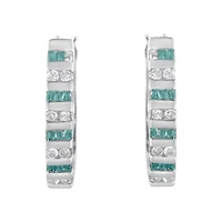 10k White Gold Round and Blue Baguette 1/2 Ct Diamond Hoop Earrings