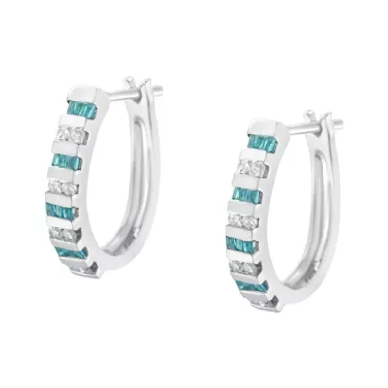 10k White Gold Round and Blue Baguette 1/2 Ct Diamond Hoop Earrings