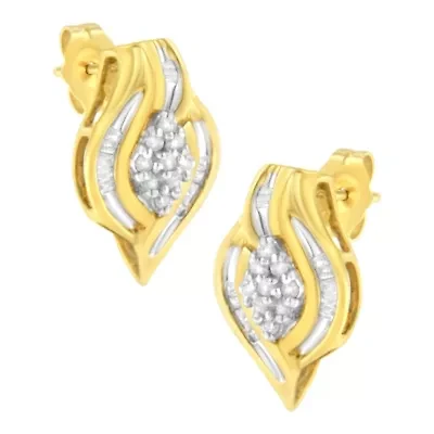 10K Yellow Gold 1/3 Ct RoundDiamond Cluster and Swirl Stud Earrings