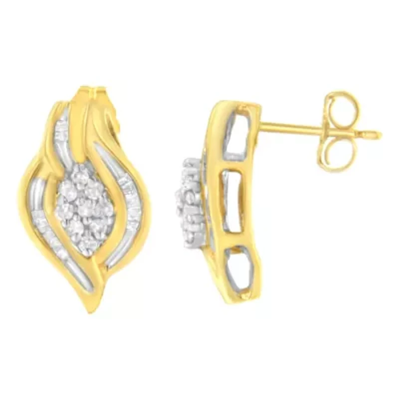 10K Yellow Gold 1/3 Ct RoundDiamond Cluster and Swirl Stud Earrings