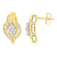 10K Yellow Gold 1/3 Ct RoundDiamond Cluster and Swirl Stud Earrings