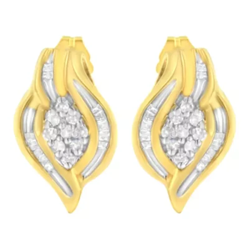 10K Yellow Gold 1/3 Ct RoundDiamond Cluster and Swirl Stud Earrings