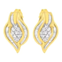 10K Yellow Gold 1/3 Ct RoundDiamond Cluster and Swirl Stud Earrings