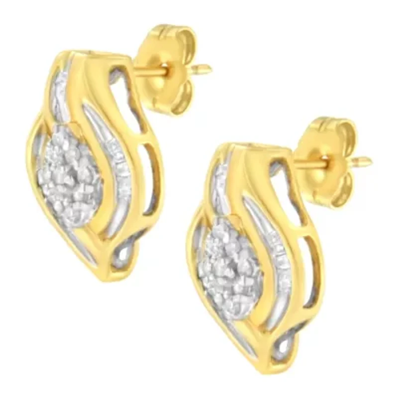 10K Yellow Gold 1/3 Ct RoundDiamond Cluster and Swirl Stud Earrings