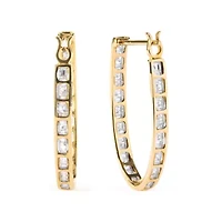 10K Yellow Gold 1.00 Ct Round and BaguetteDiamond U-Hoop Earrings