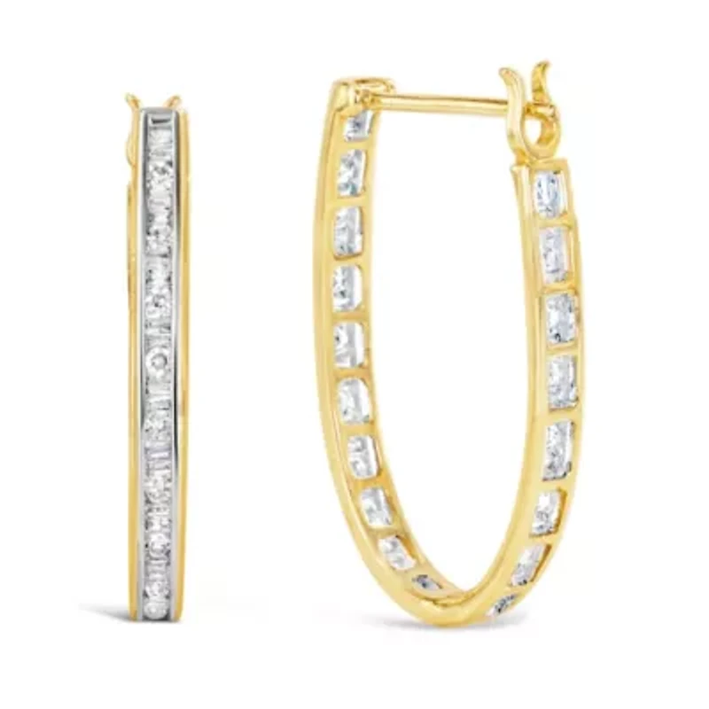 10K Yellow Gold 1.00 Ct Round and BaguetteDiamond U-Hoop Earrings