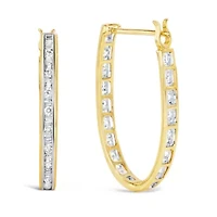 10K Yellow Gold 1.00 Ct Round and BaguetteDiamond U-Hoop Earrings