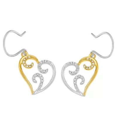 10K Two-tone Gold Round Diamond Heart Dangle Earrings