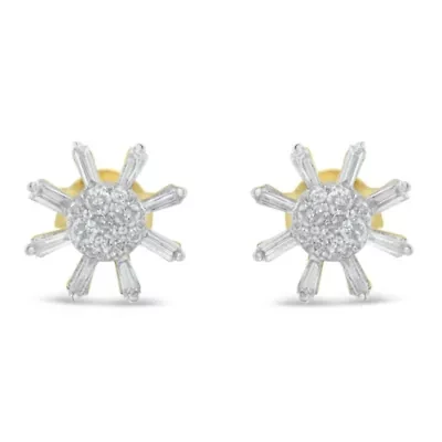 10k Yellow Gold Round and Baguette Diamond Stud Earring