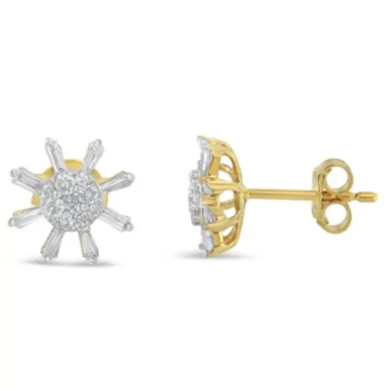 10k Yellow Gold Round and Baguette Diamond Stud Earring
