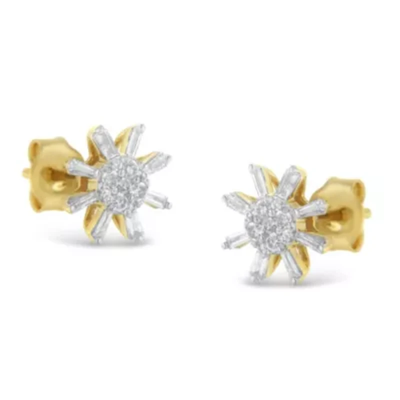 10k Yellow Gold Round and Baguette Diamond Stud Earring