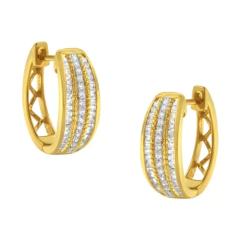 10K Yellow Gold 3/4 Ct Pave and Channel Diamond Triple Row Modern Hoop Earrings