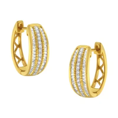 10K Yellow Gold 3/4 Ct Pave and Channel Diamond Triple Row Modern Hoop Earrings