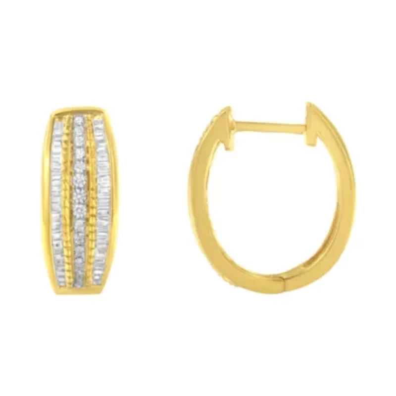 10K Yellow Gold 3/4 Ct Pave and Channel Diamond Triple Row Modern Hoop Earrings
