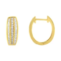 10K Yellow Gold 3/4 Ct Pave and Channel Diamond Triple Row Modern Hoop Earrings