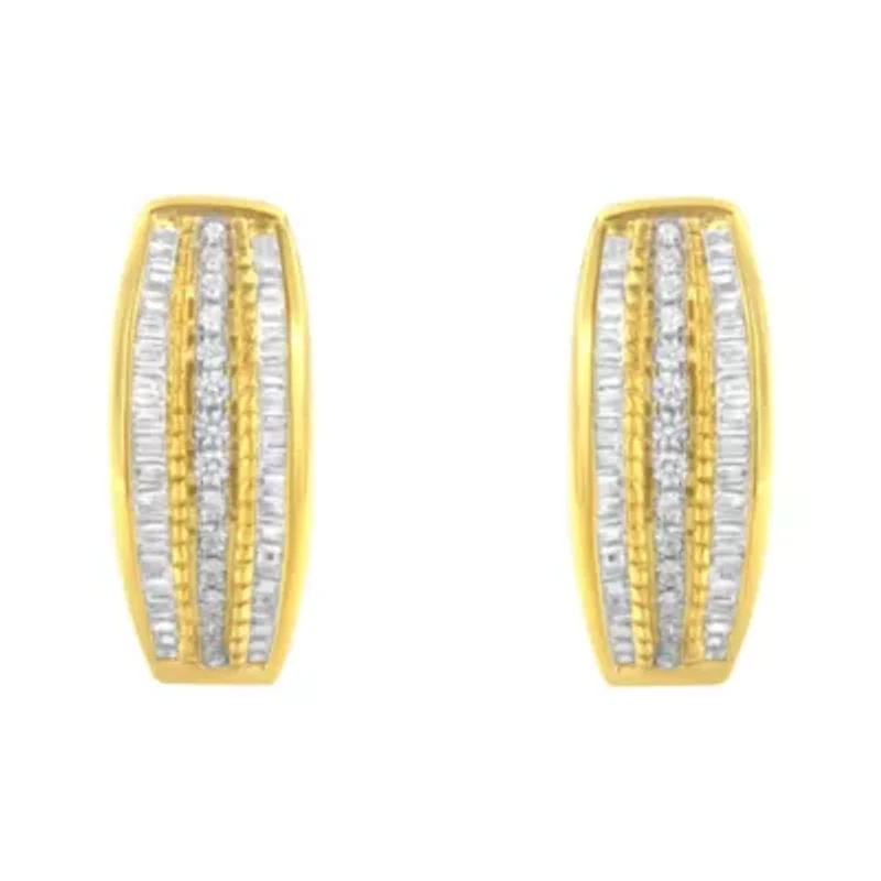 10K Yellow Gold 3/4 Ct Pave and Channel Diamond Triple Row Modern Hoop Earrings